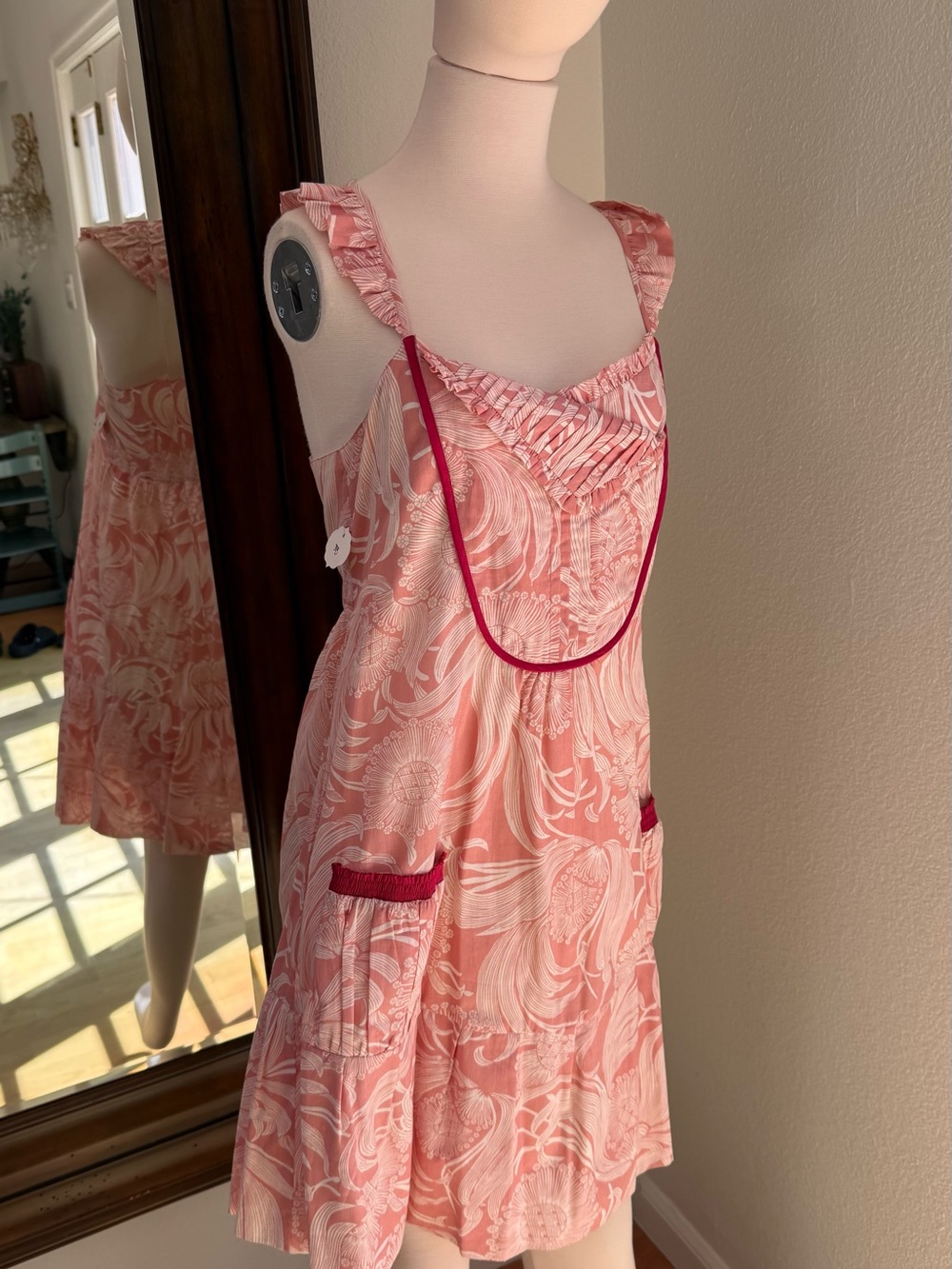 Pink Floral Ruffle Strap Mini Dress with Contrast Trim